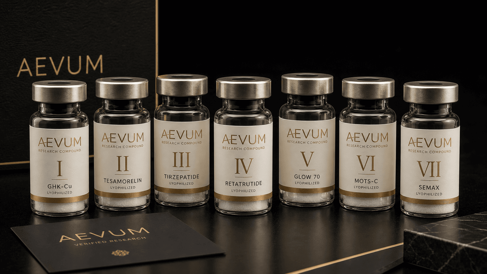 AEVUM branded research compound vials in dark studio product photography